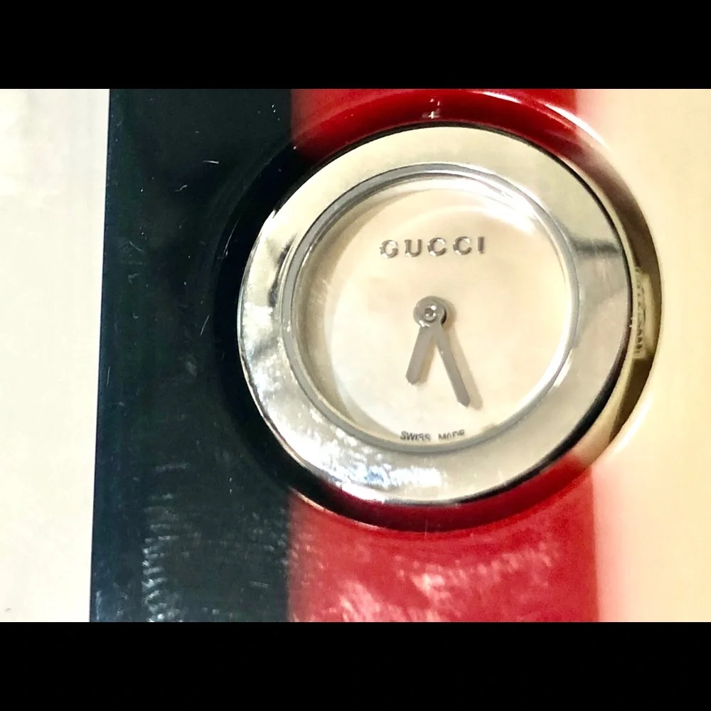 Gucci Black Leather Bracelet Watch with Red, White & Blue Pendant